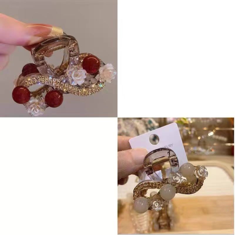 Water Diamond Camellia Bead Gripper Women's 2025 New Style Light Luxury Premium Design Hair Clip, Back of the Head Coiled Hair Ornament