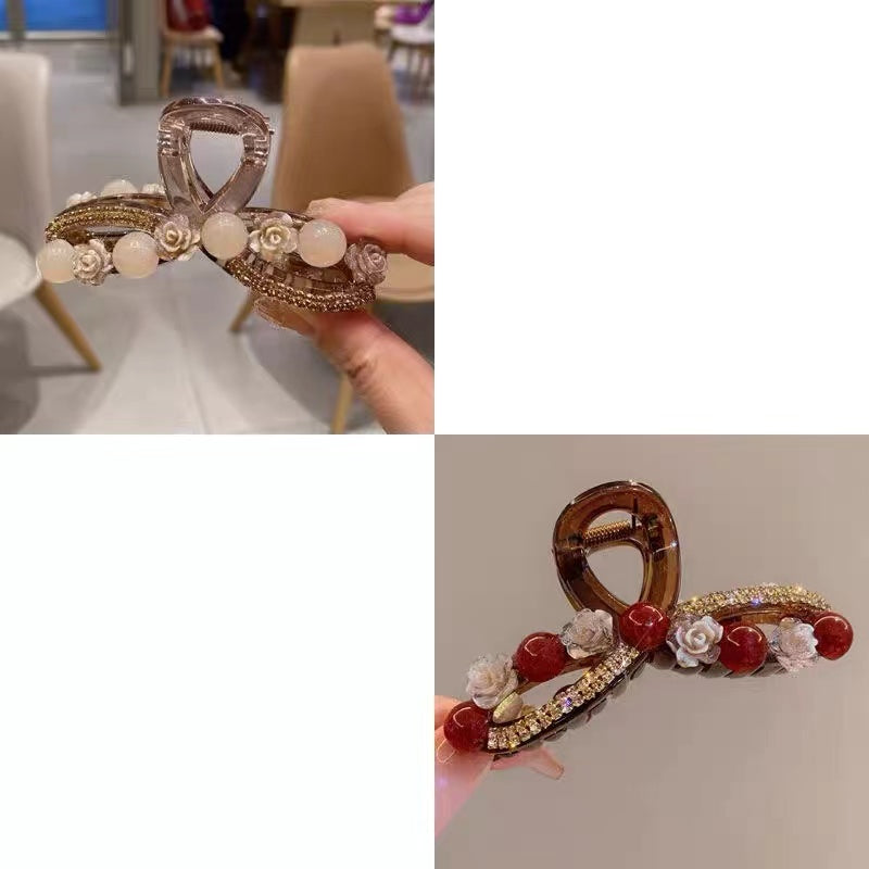 Water Diamond Camellia Bead Gripper Women's 2025 New Style Light Luxury Premium Design Hair Clip, Back of the Head Coiled Hair Ornament