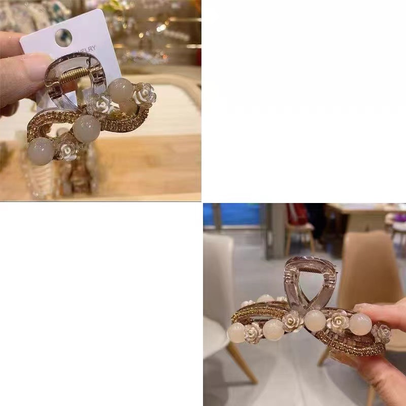 Water Diamond Camellia Bead Gripper Women's 2025 New Style Light Luxury Premium Design Hair Clip, Back of the Head Coiled Hair Ornament