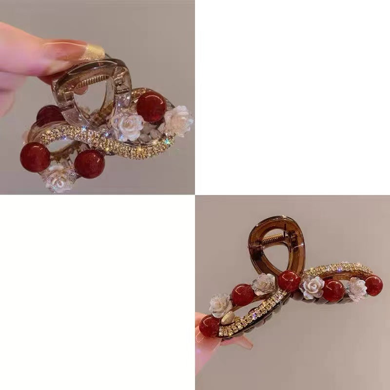 Water Diamond Camellia Bead Gripper Women's 2025 New Style Light Luxury Premium Design Hair Clip, Back of the Head Coiled Hair Ornament