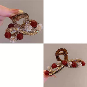 Water Diamond Camellia Bead Gripper Women's 2025 New Style Light Luxury Premium Design Hair Clip, Back of the Head Coiled Hair Ornament