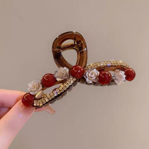Water Diamond Camellia Bead Gripper Women's 2025 New Style Light Luxury Premium Design Hair Clip, Back of the Head Coiled Hair Ornament