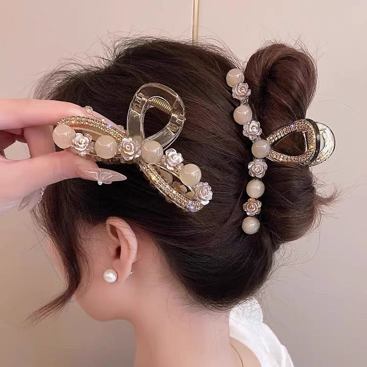 Water Diamond Camellia Bead Gripper Women's 2025 New Style Light Luxury Premium Design Hair Clip, Back of the Head Coiled Hair Ornament