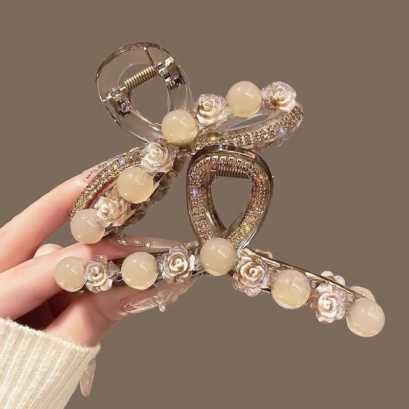 Water Diamond Camellia Bead Gripper Women's 2025 New Style Light Luxury Premium Design Hair Clip, Back of the Head Coiled Hair Ornament