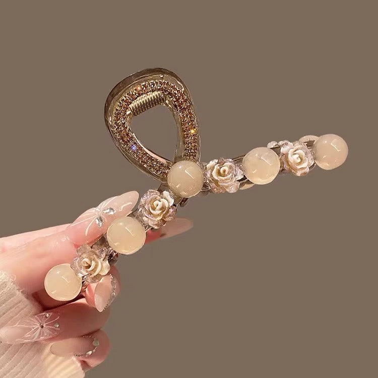 Water Diamond Camellia Bead Gripper Women's 2025 New Style Light Luxury Premium Design Hair Clip, Back of the Head Coiled Hair Ornament