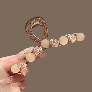 Water Diamond Camellia Bead Gripper Women's 2025 New Style Light Luxury Premium Design Hair Clip, Back of the Head Coiled Hair Ornament