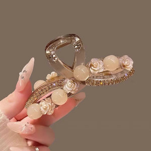 Water Diamond Camellia Bead Gripper Women's 2025 New Style Light Luxury Premium Design Hair Clip, Back of the Head Coiled Hair Ornament