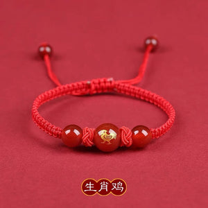 Pink Peach's PeaceBuckle Red Agate Zodiac Red Rope Bracelet, Female Niche Design, Ins Handmade Rope, Lover's Hand Rope, Girlfriend's Hand Rope