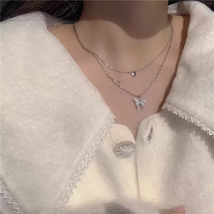 Elf double-layer butterfly gypsophila five-pointed star necklace for female niche design, cool and delicate collarbone chain