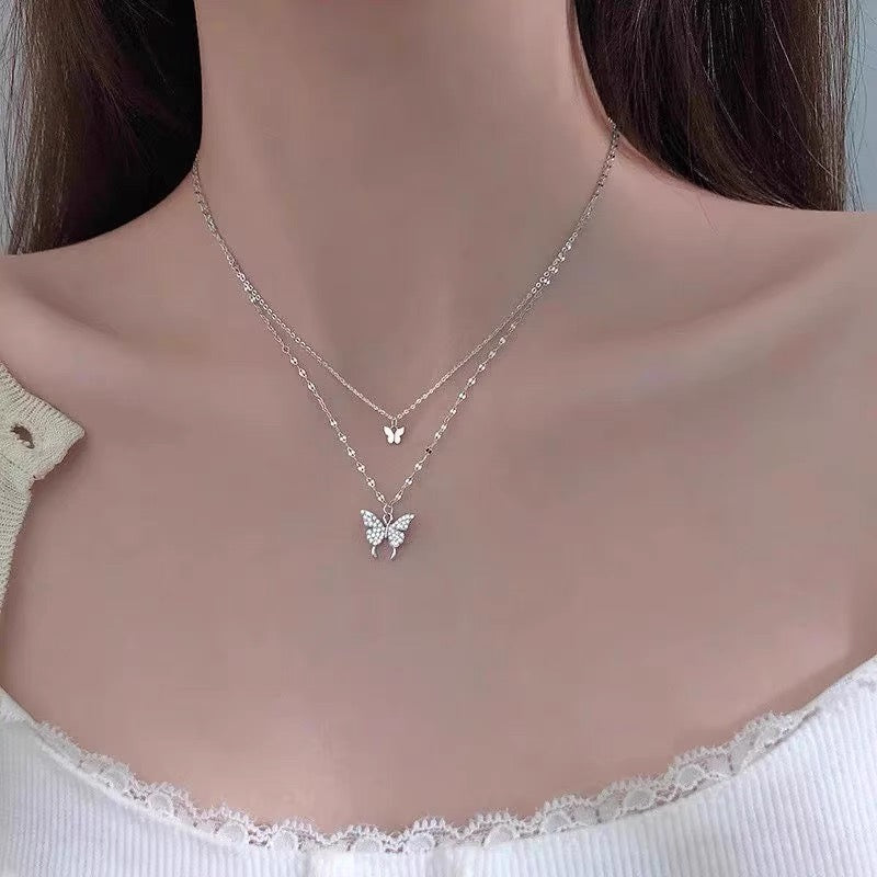 Elf double-layer butterfly gypsophila five-pointed star necklace for female niche design, cool and delicate collarbone chain