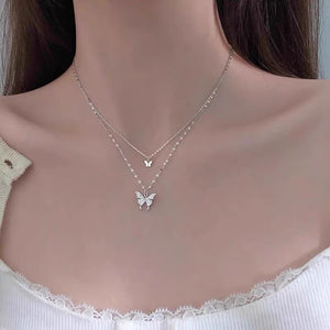 Elf double-layer butterfly gypsophila five-pointed star necklace for female niche design, cool and delicate collarbone chain