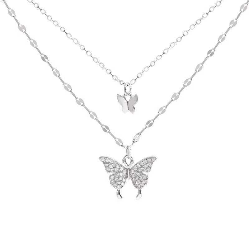 Elf double-layer butterfly gypsophila five-pointed star necklace for female niche design, cool and delicate collarbone chain