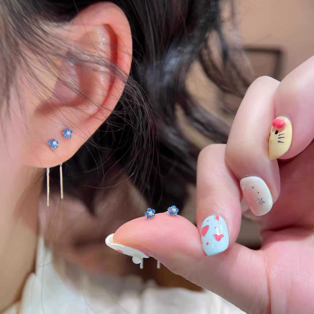 Snowflake ear line, blue iris tassel ear line, blue small flower ear line earrings, women's ear hole, anti allergy earrings, earrings accessories