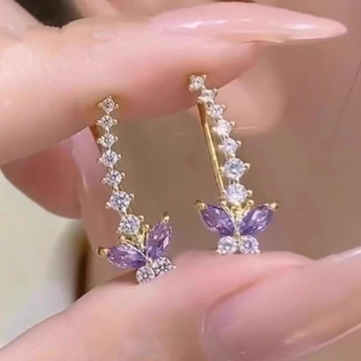 Purple zircon butterfly ear row earrings for women, light luxury, high-end, niche, exquisite temperament, earrings, earrings