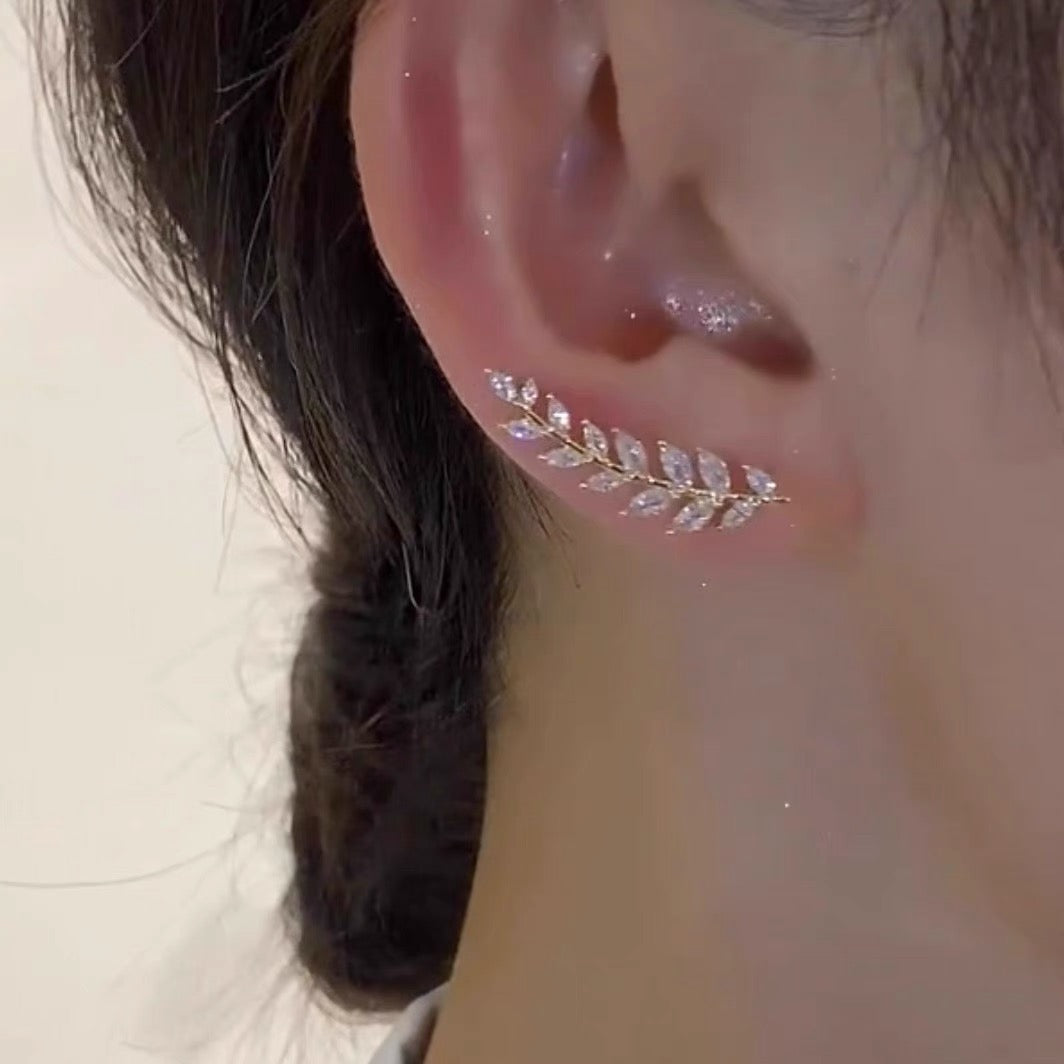 Light luxury zircon wheat ear integrated ear row earrings, curved rhinestone earrings, niche design, super sparkling earrings, earrings, ear clips