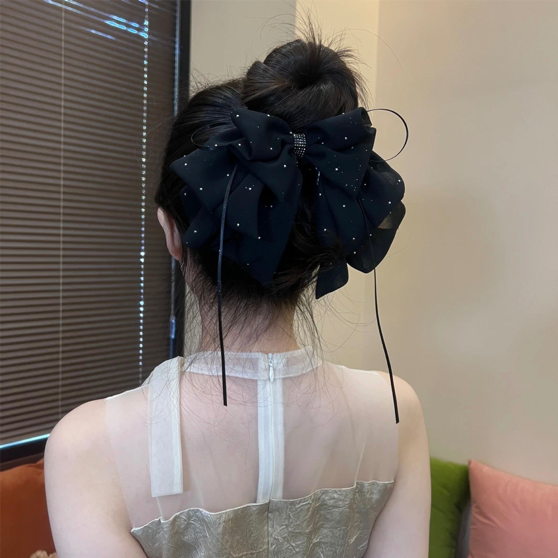 Satin mesh, broken diamonds, ribbon, bow, grab clip, women's fashion, back of the head, hair clip, high-end temperament, hair accessory 1piece A961