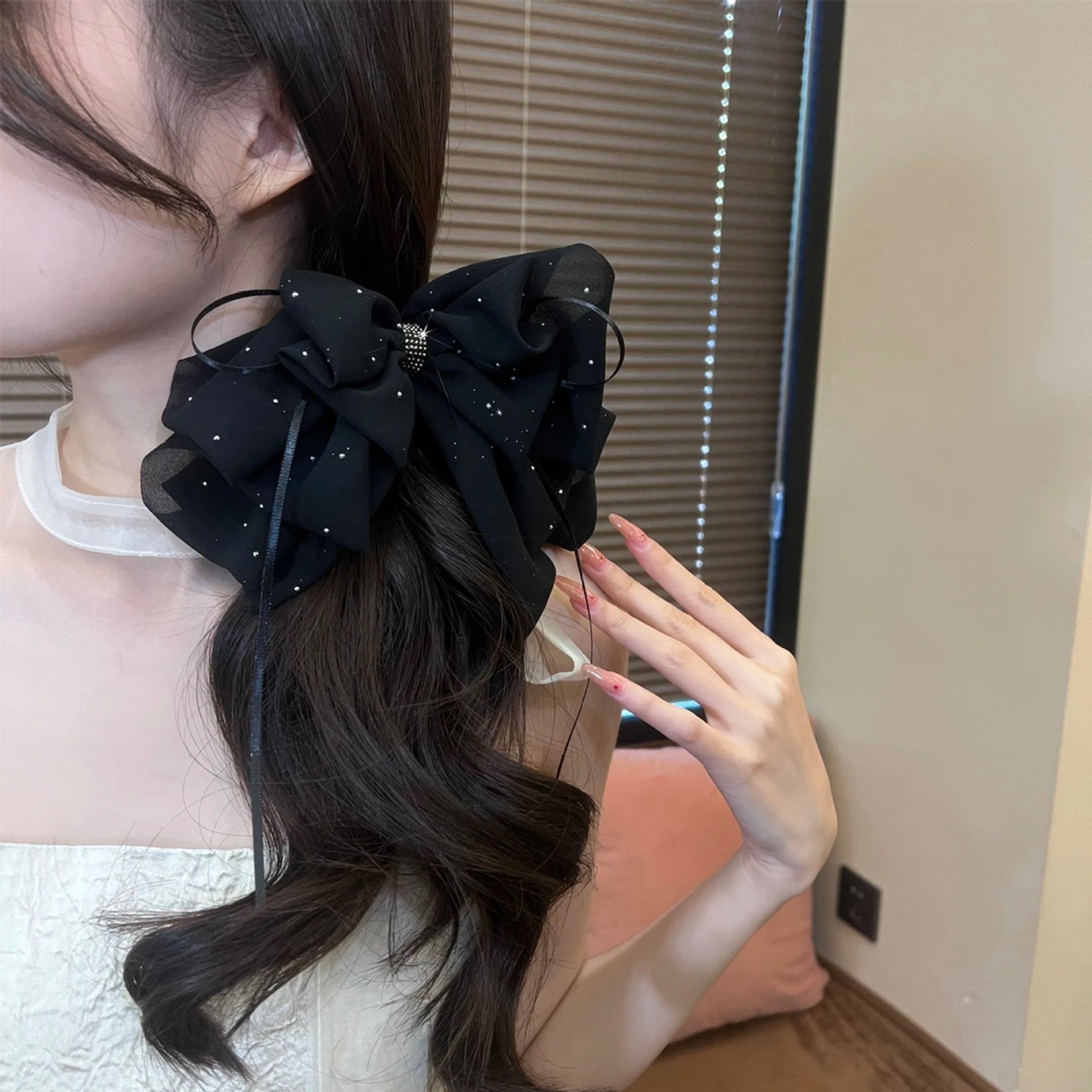 Satin mesh, broken diamonds, ribbon, bow, grab clip, women's fashion, back of the head, hair clip, high-end temperament, hair accessory 1piece A961