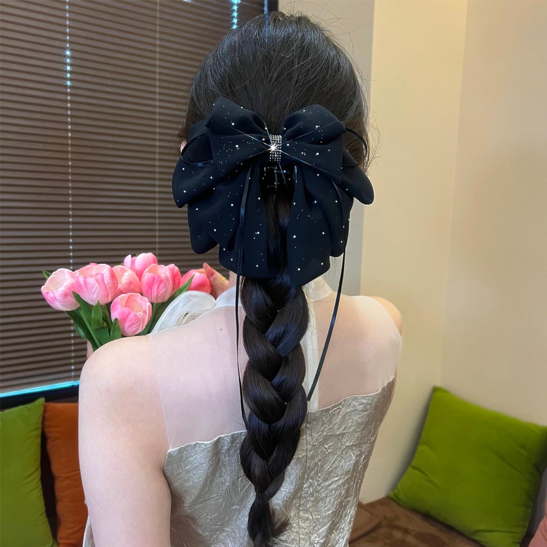 Satin mesh, broken diamonds, ribbon, bow, grab clip, women's fashion, back of the head, hair clip, high-end temperament, hair accessory 1piece A961