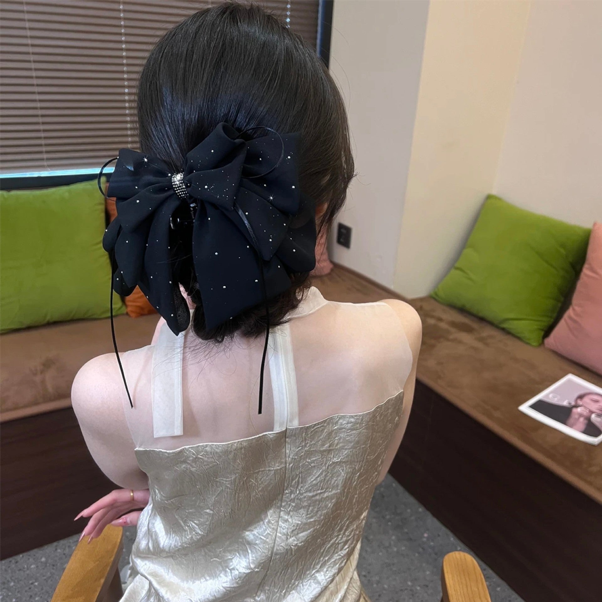 Satin mesh, broken diamonds, ribbon, bow, grab clip, women's fashion, back of the head, hair clip, high-end temperament, hair accessory 1piece A961