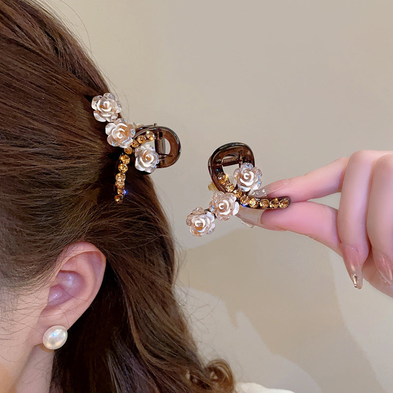 Luxury Water Diamond Flower Small Grab Clip Women's Rose Hair Clip Shark Clip Half Tie Ponytail Hair Grab Headpiece A967