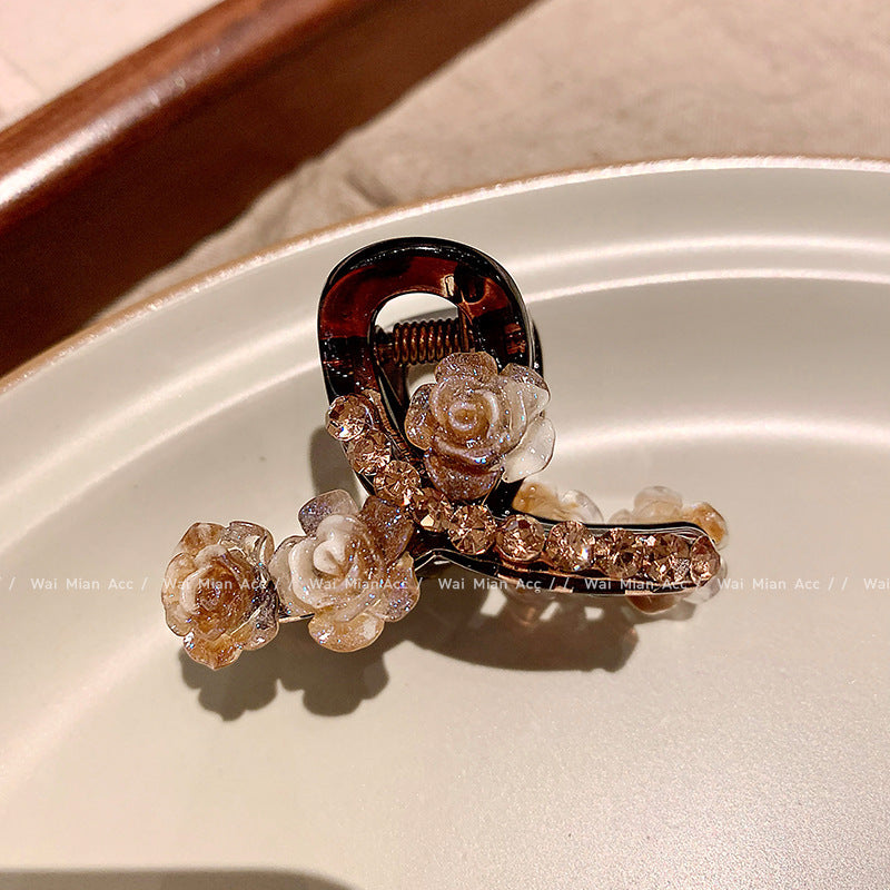 Luxury Water Diamond Flower Small Grab Clip Women's Rose Hair Clip Shark Clip Half Tie Ponytail Hair Grab Headpiece A967