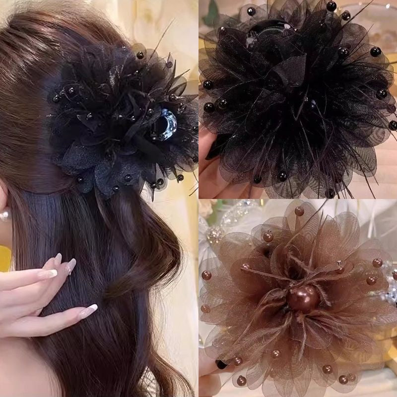 Super Hair Size Feather Peony Flower Grasp Clip Advanced Sensation Mesh Full Sky Starry Sky Back of Head Coiled Hair Shark Clip Hair Ornament A970