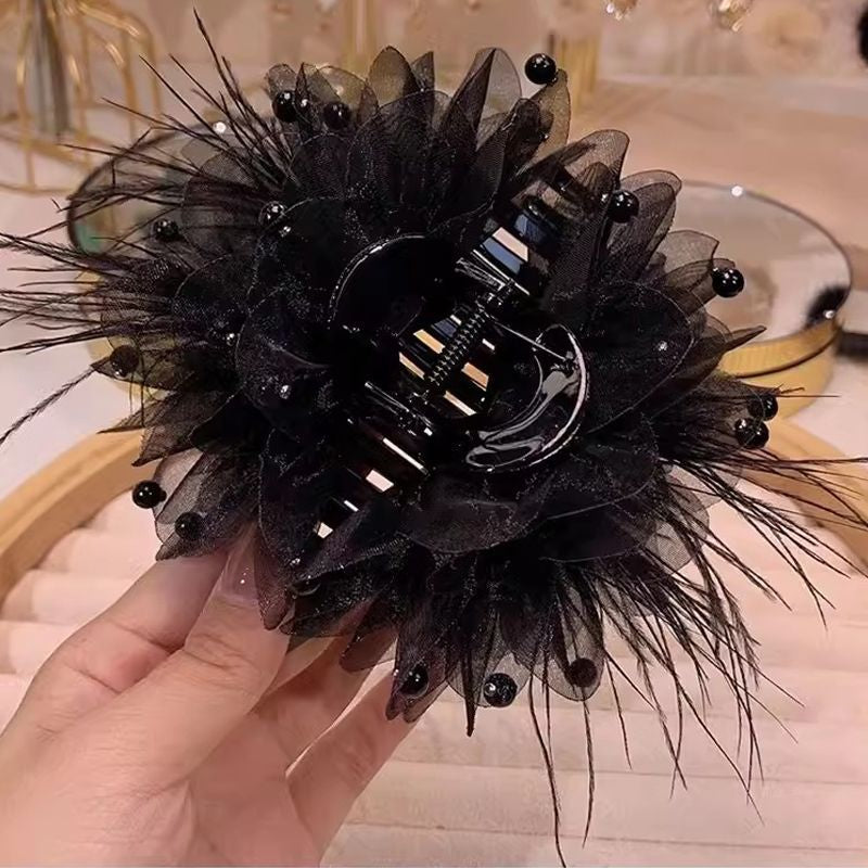 Super Hair Size Feather Peony Flower Grasp Clip Advanced Sensation Mesh Full Sky Starry Sky Back of Head Coiled Hair Shark Clip Hair Ornament A970