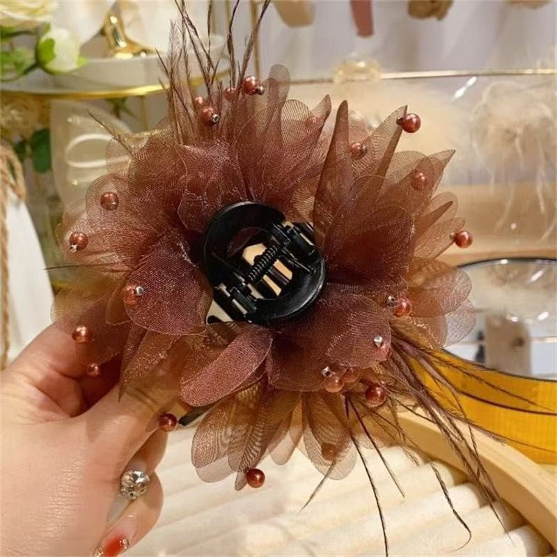 Super Hair Size Feather Peony Flower Grasp Clip Advanced Sensation Mesh Full Sky Starry Sky Back of Head Coiled Hair Shark Clip Hair Ornament A970