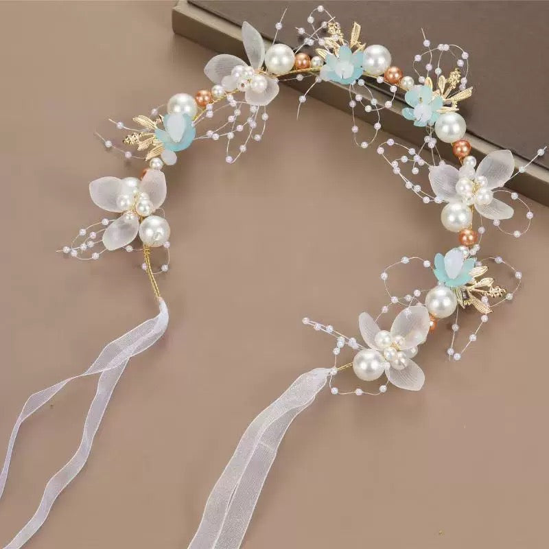 Children's headband, sweet European fairy style, golden leaf headband, flower garland, pearl headband, bride's new crown/bracelet A973