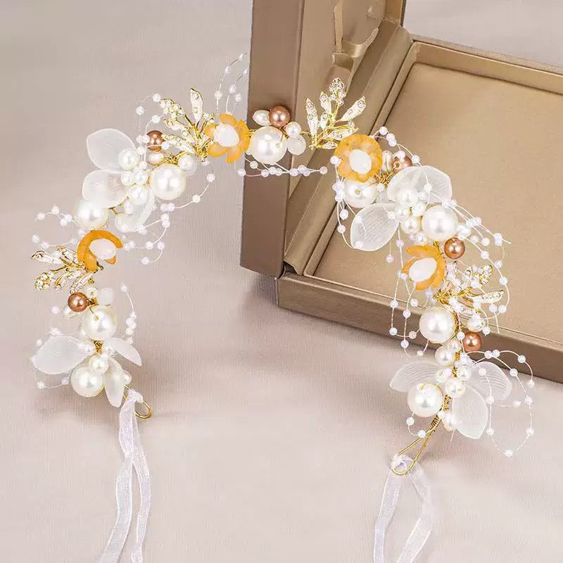 Children's headband, sweet European fairy style, golden leaf headband, flower garland, pearl headband, bride's new crown/bracelet A973