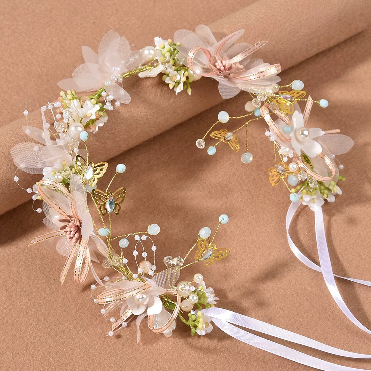 Children's headband, sweet European fairy style, golden leaf headband, flower garland, pearl headband, bride's new crown/bracelet A973