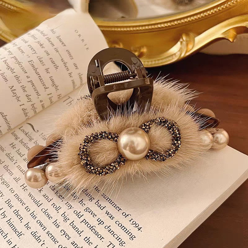 Goddess elegant and fashionable hair clip with bow at the back of the head, large Maillard diamond studded clip, light luxury hair accessory A974