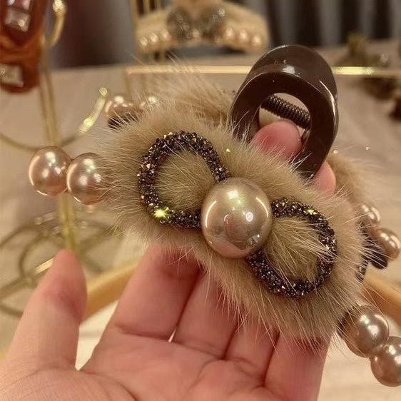 Goddess elegant and fashionable hair clip with bow at the back of the head, large Maillard diamond studded clip, light luxury hair accessory A974