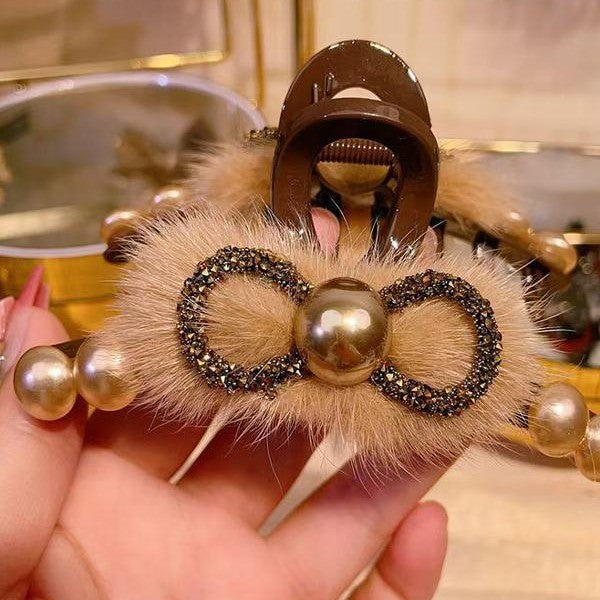 Goddess elegant and fashionable hair clip with bow at the back of the head, large Maillard diamond studded clip, light luxury hair accessory A974