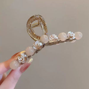 Elegant Camellia Bead Grasp Clip Large Hair Volume Female Back of Head High end Coiled Hair Shark Clip Hairpin A975