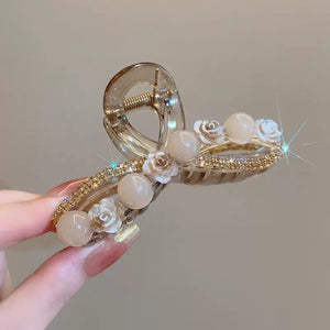 Elegant Camellia Bead Grasp Clip Large Hair Volume Female Back of Head High end Coiled Hair Shark Clip Hairpin A975