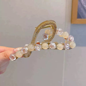 Elegant Camellia Bead Grasp Clip Large Hair Volume Female Back of Head High end Coiled Hair Shark Clip Hairpin A975