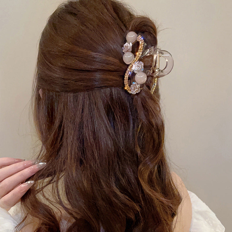 Korean version of light luxury flower bead clip, women's high-end feeling, medium-sized hair clip, back of the head, shark clip headband, hair accessory, hair clip A976