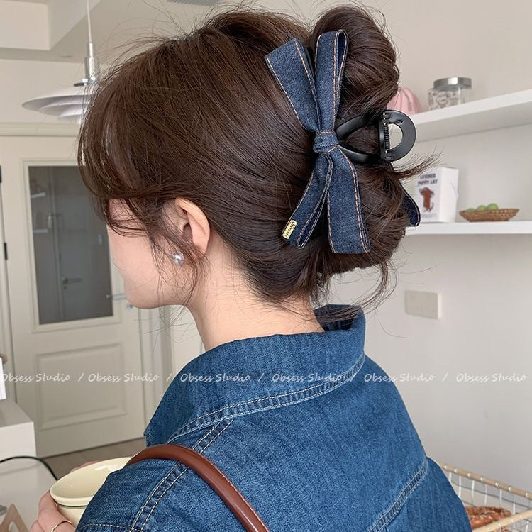 Korean style fashionable denim bow clip with high-end feel hair clip, large shark clip headband at the back of the head A978