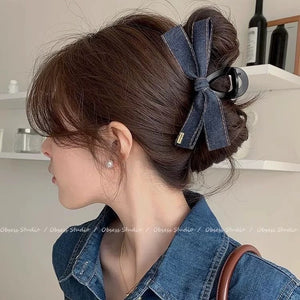 Korean style fashionable denim bow clip with high-end feel hair clip, large shark clip headband at the back of the head A978
