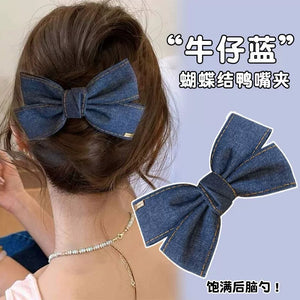 Korean style fashionable denim bow clip with high-end feel hair clip, large shark clip headband at the back of the head A978