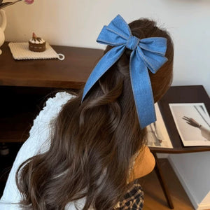 Korean style fashionable denim bow clip with high-end feel hair clip, large shark clip headband at the back of the head A978