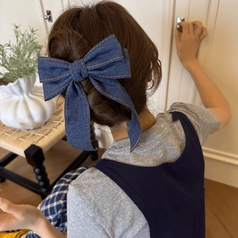 Korean style fashionable denim bow clip with high-end feel hair clip, large shark clip headband at the back of the head A978
