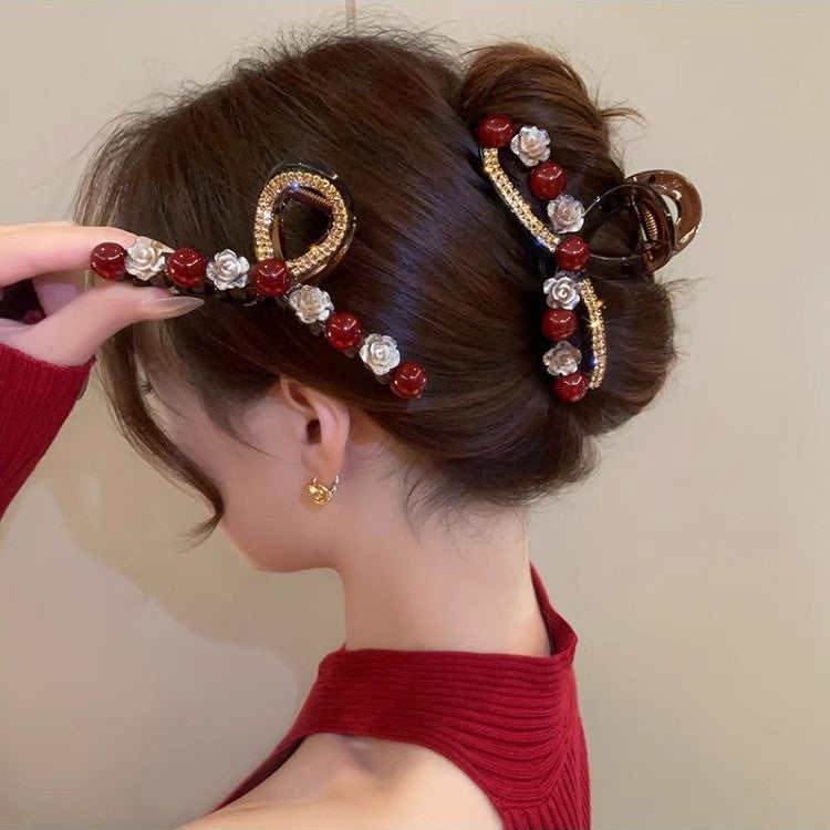 Ankela Rose Red Bead Grab Clip Women's Fashion Versatile Back of Head Hairpin Hair Accessories A979