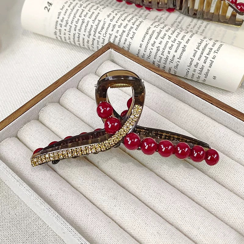 Ankela Rose Red Bead Grab Clip Women's Fashion Versatile Back of Head Hairpin Hair Accessories A979