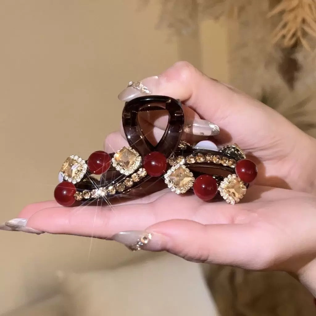 Ankela Rose Red Bead Grab Clip Women's Fashion Versatile Back of Head Hairpin Hair Accessories A979