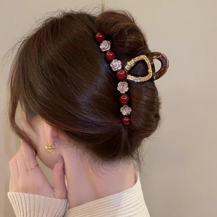 Ankela Rose Red Bead Grab Clip Women's Fashion Versatile Back of Head Hairpin Hair Accessories A979
