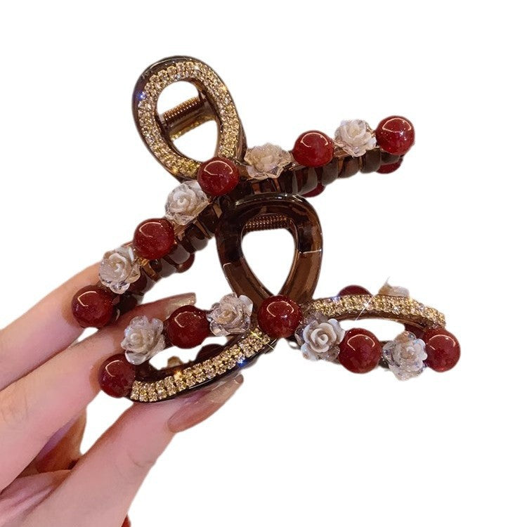 Ankela Rose Red Bead Grab Clip Women's Fashion Versatile Back of Head Hairpin Hair Accessories A979