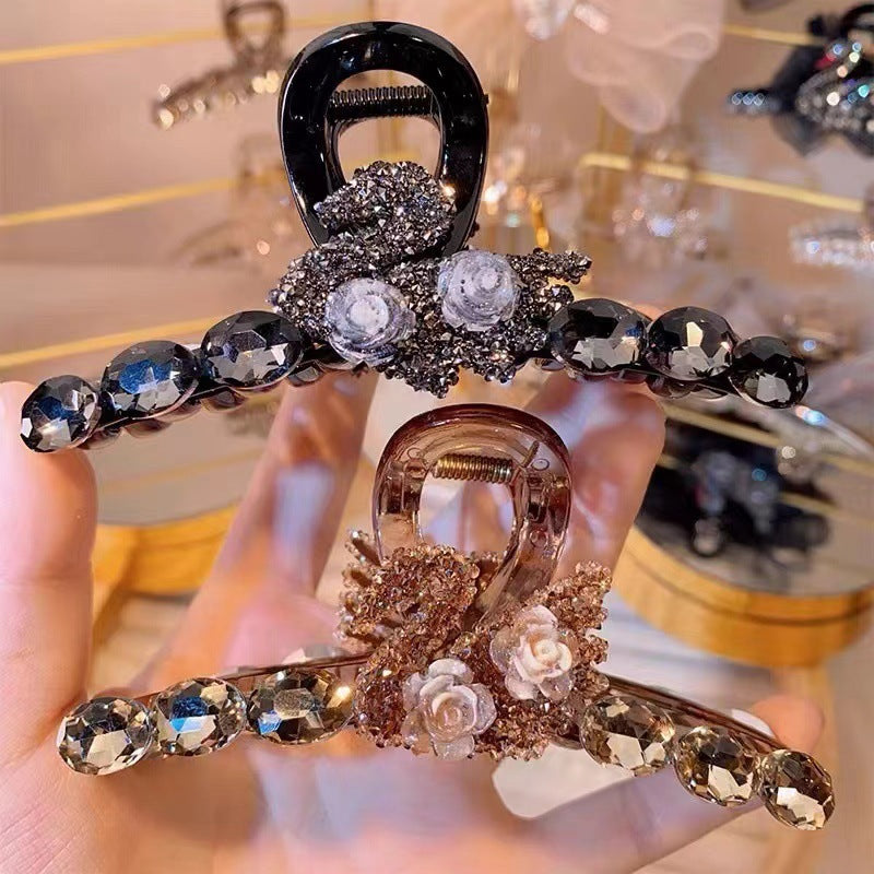 Rose swan Light luxury high-end coffee colored pearl rhinestone grip clip for women's back of the head, shark clip, large hair clip, hair accessory, hairpin A981