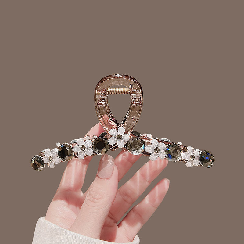High end camellia fashion versatile large sparkling diamond pearl clip for women's hair clip, shark clip at the back of the head A985